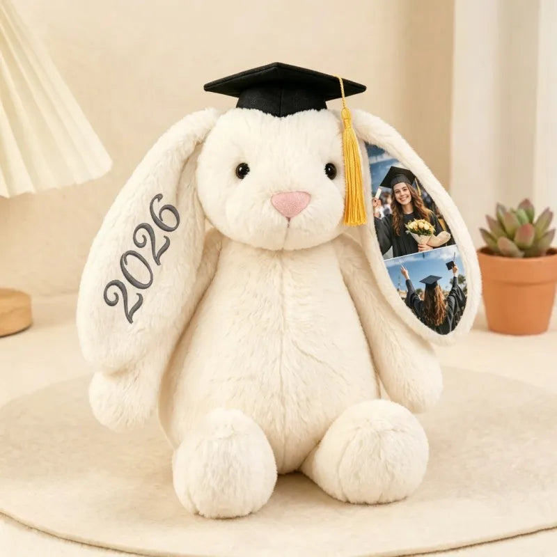 Personalized Hidden Ear Memory Bunny with Graduation Cap, Class of 2026 Gift