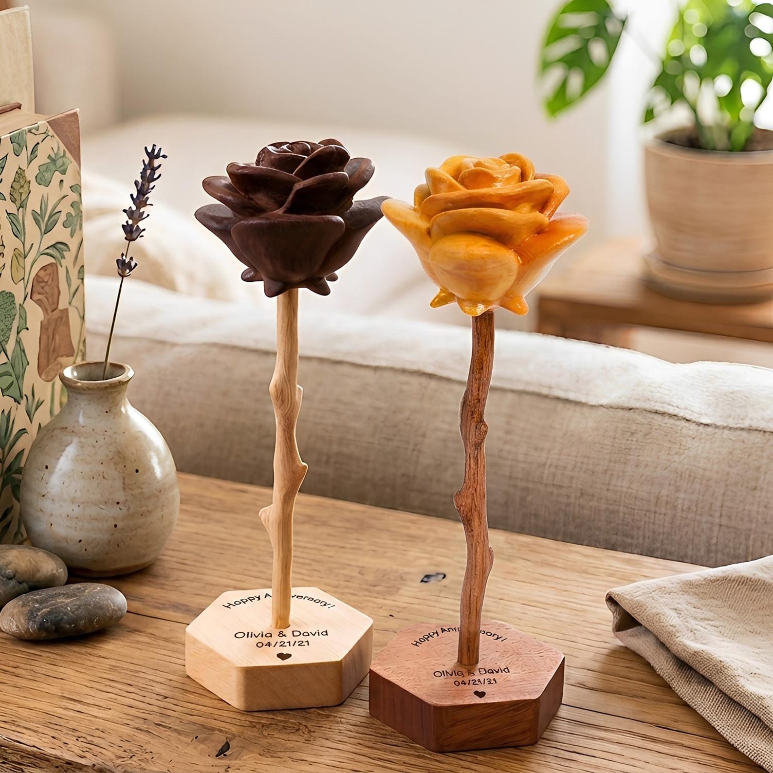 Hand-carved wooden roses – Personalized Engraved Base, Gifts for 5th Anniversary, Birthday, Mother’s Day,Valentine's Day