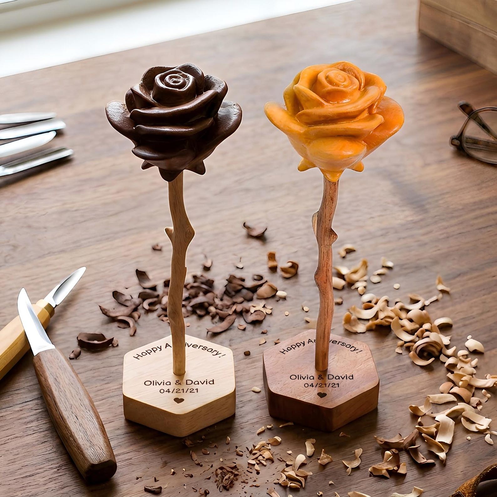 Hand-carved wooden roses – Personalized Engraved Base, Gifts for 5th Anniversary, Birthday, Mother’s Day,Valentine's Day